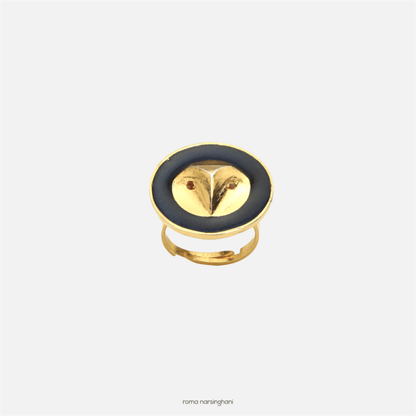 Roma Narsinghani Owl ring Ring The piece is set in brass, hand enameled with 18KT gold finesse. Each piece is unique and handcrafted by our artisans. RNLOVE08 - Shop Cult Modern