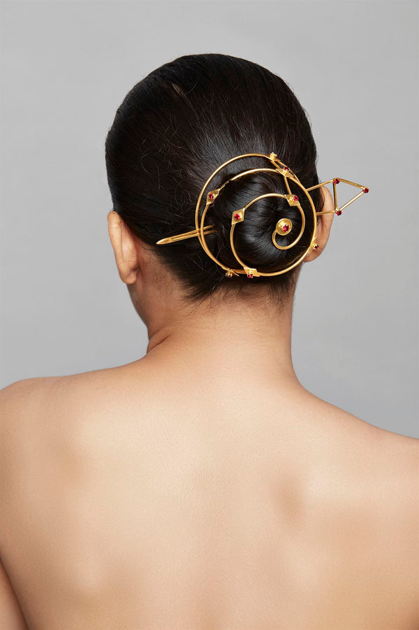 Roma Narsinghani Ruby Rock Hairbun Hair bun The piece is set in brass, hand set with swarvoski in 18KT gold finesse. Each piece is unique and handcrafted by our artisans. RNLOVE21 - Shop Cult Modern