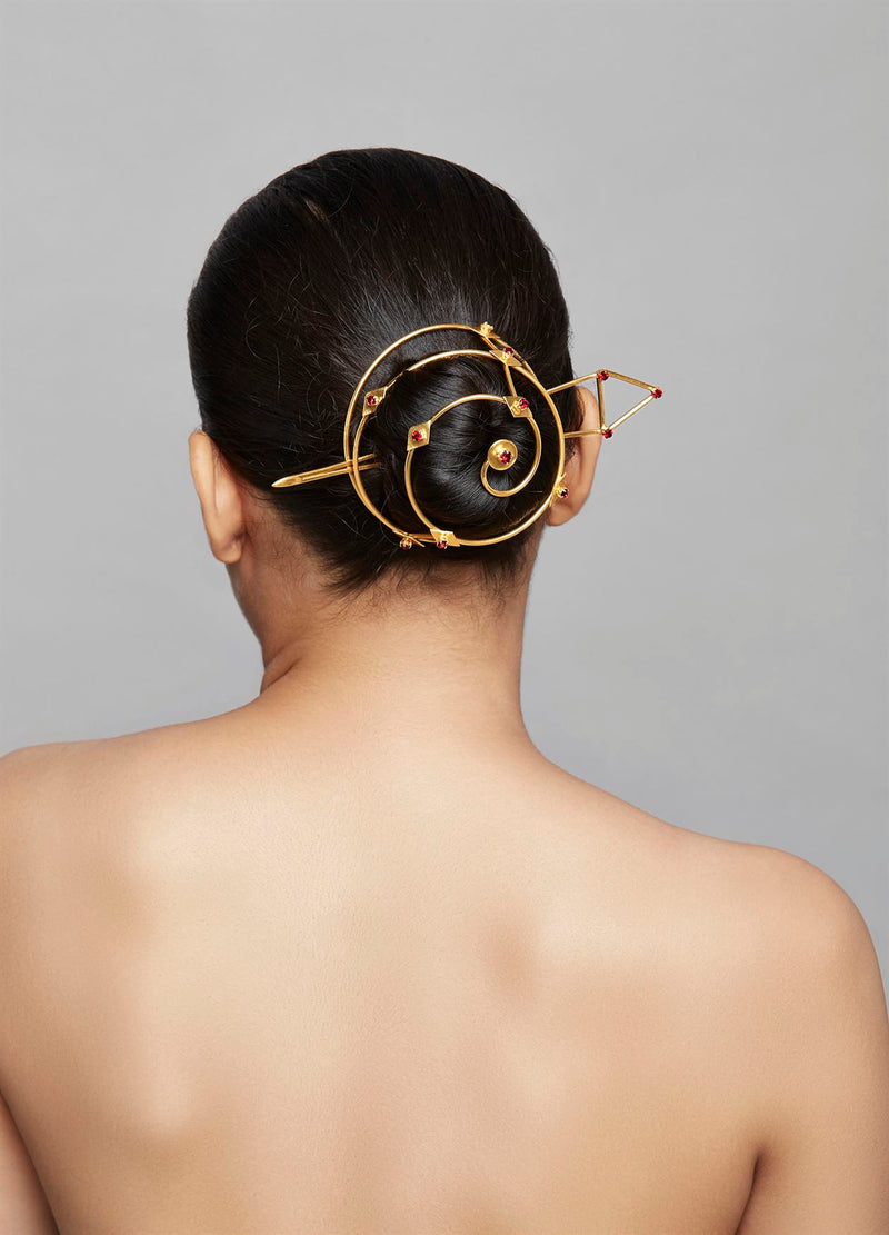 Roma Narsinghani Ruby Rock Hairbun Hair bun The piece is set in brass, hand set with swarvoski in 18KT gold finesse. Each piece is unique and handcrafted by our artisans. RNLOVE21 - Shop Cult Modern