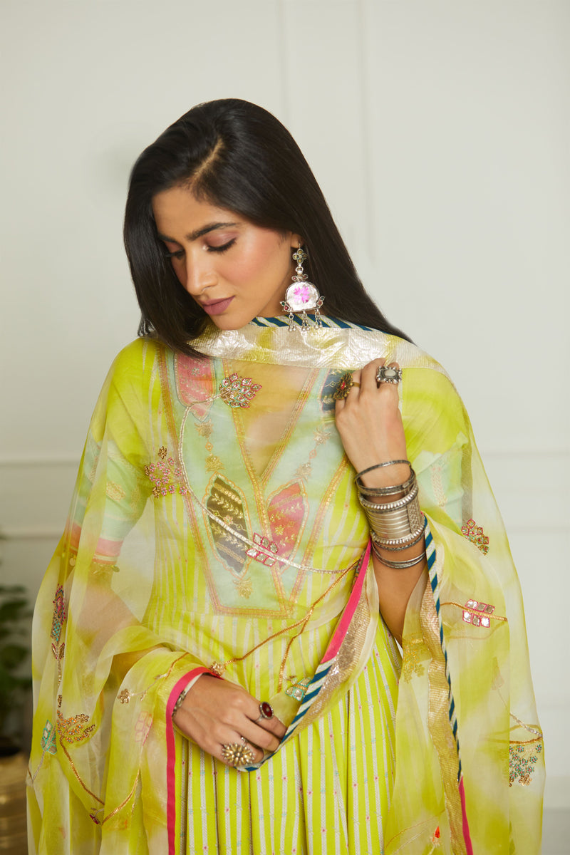 Raji Ramniq Mehezebeen Collection Lime Printed Anarkali Dupatta Mb-105 - Shop Cult Modern