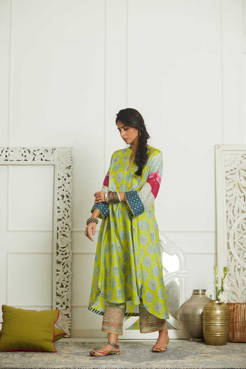 Raji Ramniq Mehezebeen Collection Lime Grey Hot Pink Printed Silk Kurta Palazzo Dupatta Mb-117 - Shop Cult Modern