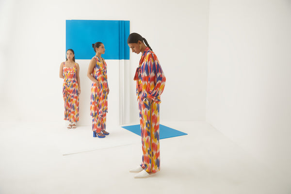Studio Rigu Karpovki Ikat Strappy Dress Digital Print Vegan Silk Arcadia Collection - Shop Cult Modern