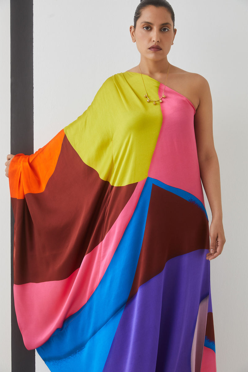 Studio Rigu Kurortnyy Luna Pink Swirl One Shoulder Dress Digital Print Vegan Silk Arcadia Collection - Shop Cult Modern