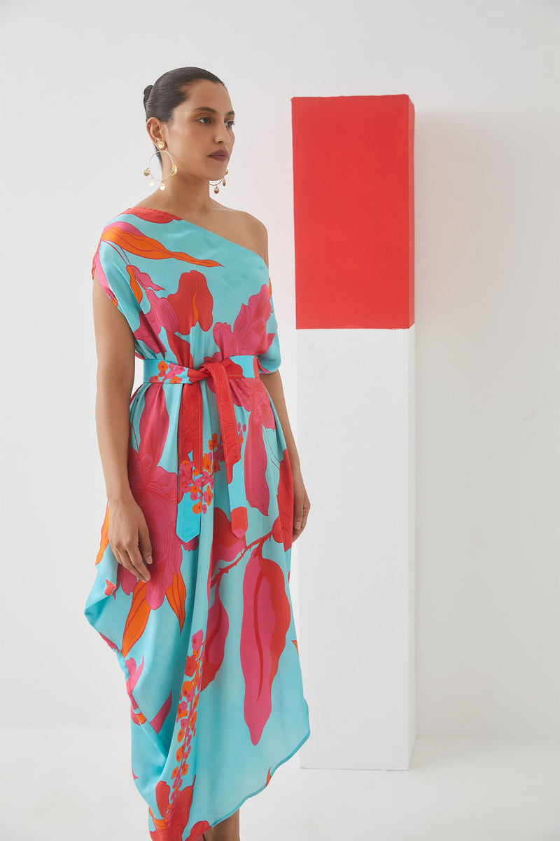 Studio Rigu Bolshaya Blue Rose Draped Dress Digital Print Vegan Silk Arcadia Collection - Shop Cult Modern