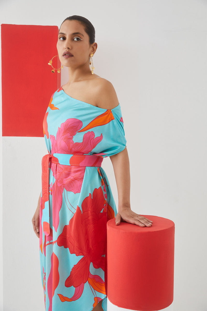 Studio Rigu Bolshaya Blue Rose Draped Dress Digital Print Vegan Silk Arcadia Collection - Shop Cult Modern