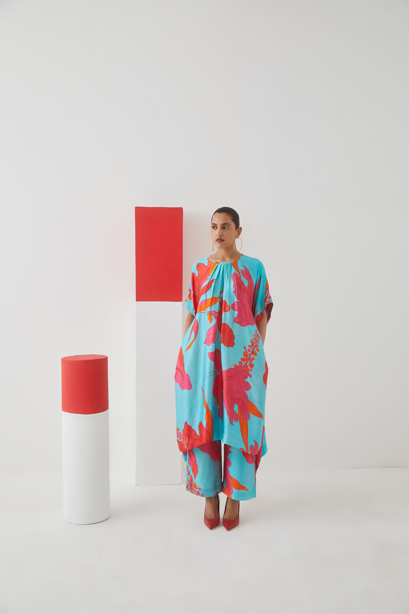 Studio Rigu Kovenskiy Blue Rose Kimono Kurta+ Trousers Digital Print Vegan Silk Arcadia Collection - Shop Cult Modern