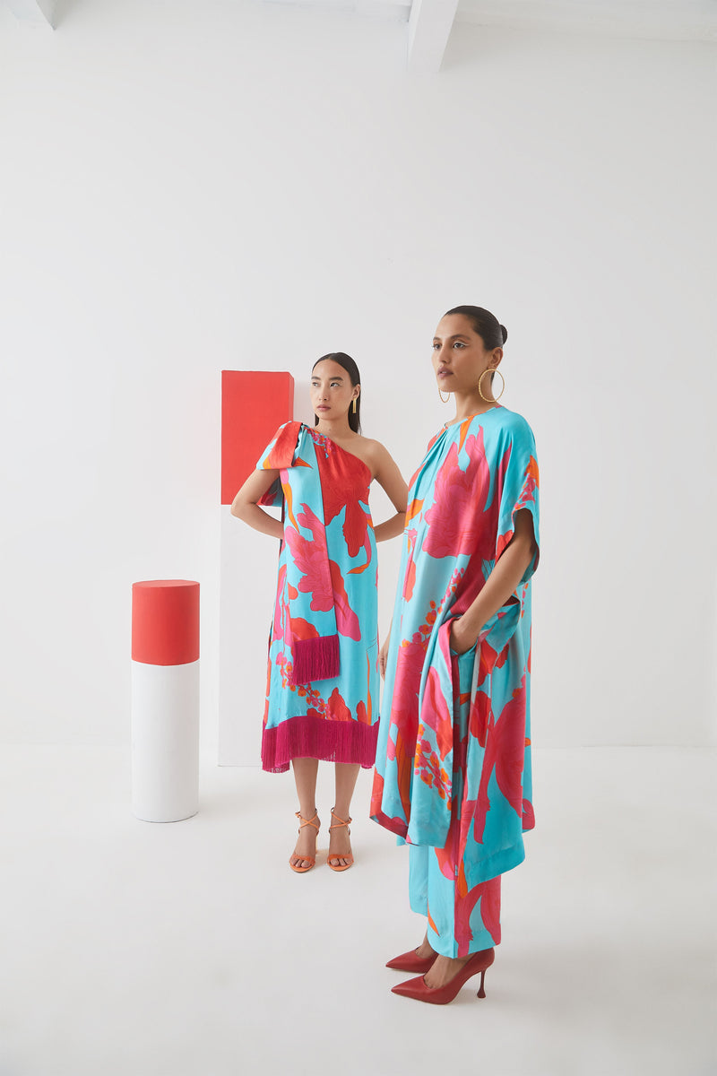 Studio Rigu Kovenskiy Blue Rose Kimono Kurta+ Trousers Digital Print Vegan Silk Arcadia Collection - Shop Cult Modern