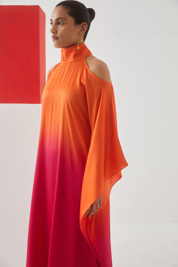 Studio Rigu Lazareva Leheriya Round Collar Dress
(Orange/ Pink Ombre) Tie Dye Vegan Silk Arcadia Collection - Shop Cult Modern