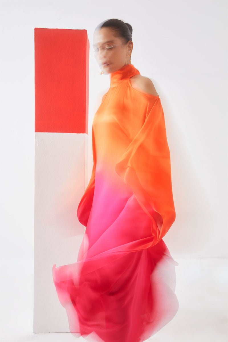 Studio Rigu Lazareva Leheriya Round Collar Dress
(Orange/ Pink Ombre) Tie Dye Vegan Silk Arcadia Collection - Shop Cult Modern