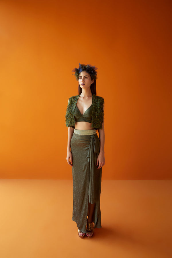 Sakshi Khetterpal  I  Co-Ord Set Bralette +Skirt+Cape= 3Pcs Avacado SK-048 A/W2022 Seasons - Shop Cult Modern