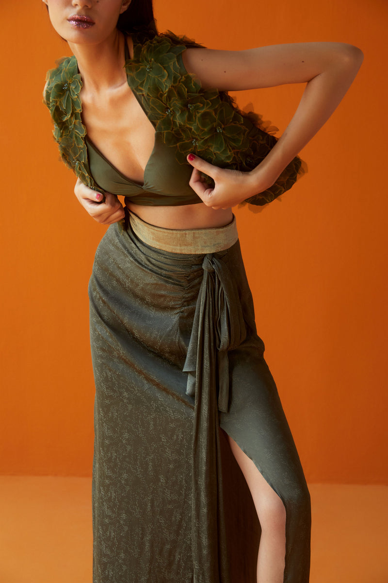 Sakshi Khetterpal  I  Co-Ord Set Bralette +Skirt+Cape= 3Pcs Avacado SK-048 A/W2022 Seasons - Shop Cult Modern