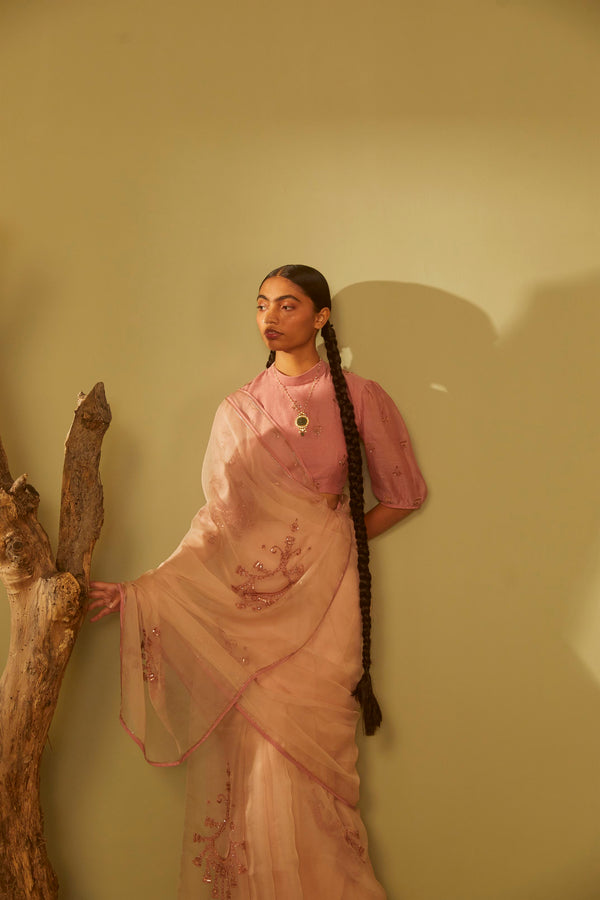 Sarang Kaur Moore Park Pink Jhoomar saree Organza silk Blouse piece Chanderi silk Jhoomar SK01188 - Shop Cult Modern