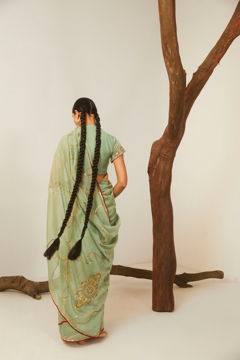 Sarang Kaur Hoggs Sea Green Meenakshi saree Chanderi silk Blouse piece Chanderi silk Bareeki SK01207 - Shop Cult Modern