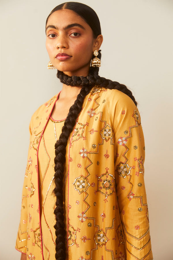 Sarang Kaur Loblaws Mustard Bareeki Jacket Shirt Pant Set Cotton silk Bareeki SK01209 - Shop Cult Modern