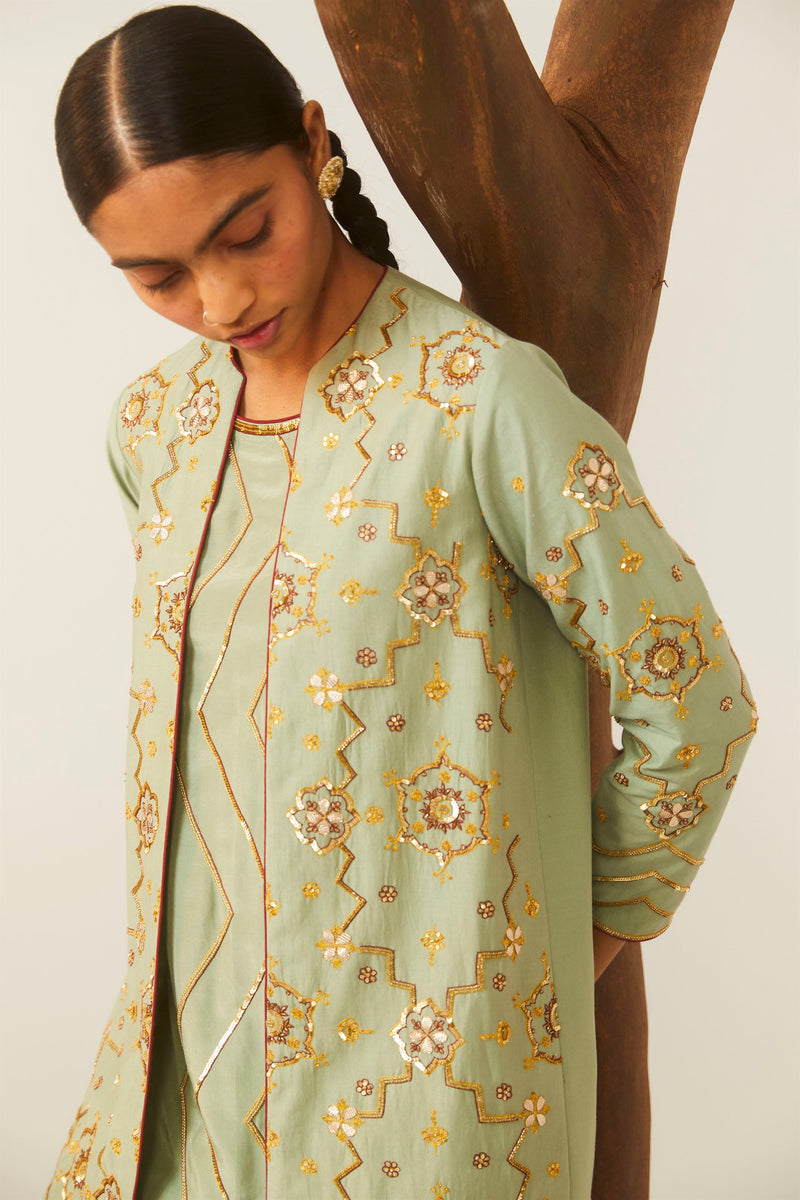 Sarang Kaur Oakville Sea Green Bareeki Jacket Shirt Pant Set Cotton silk Bareeki SK01210 - Shop Cult Modern