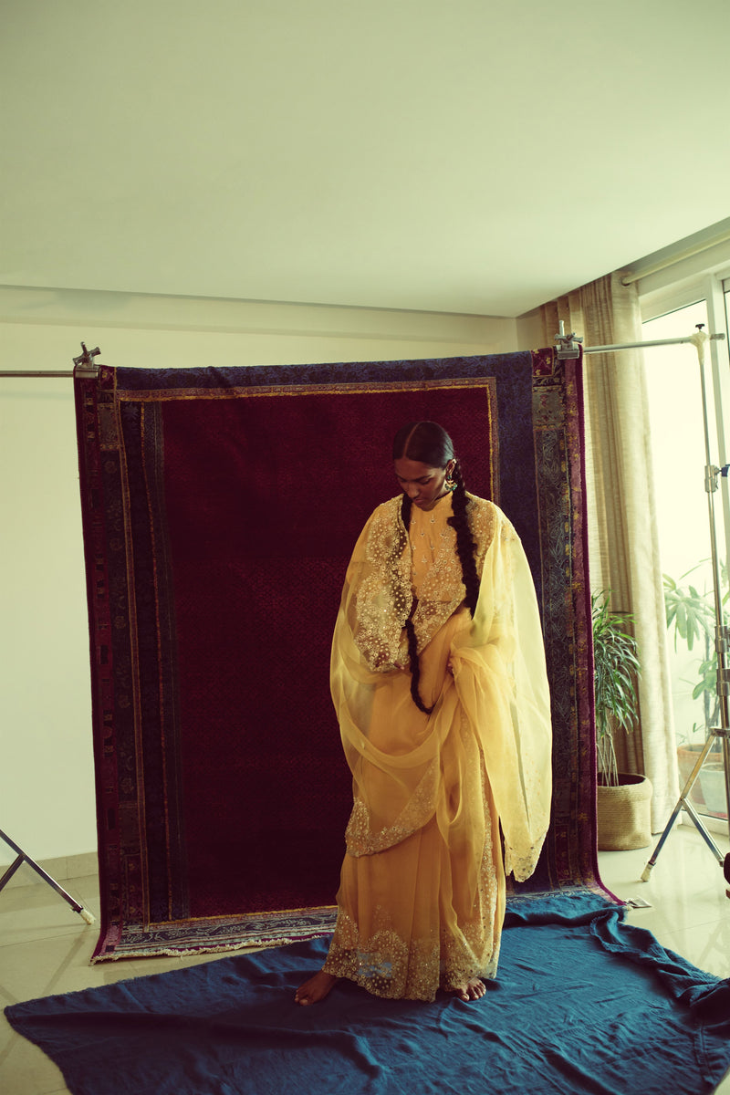 Sarang Kaur Windfields Mango Duet saree Organza silk Blouse piece Chanderi silk Chandni SK01262 - Shop Cult Modern