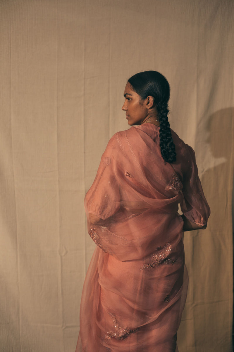 Sarang Kaur Danforth Salmon Peacock Cutwork saree Organza silk Blouse piece Chanderi silk Ektaar SK01278 - Shop Cult Modern