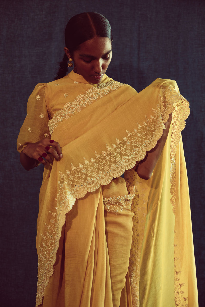 Sarang Kaur Scarborough Mango Chandni saree Chanderi silk Blouse piece Chanderi silk Chandni SK01293 - Shop Cult Modern