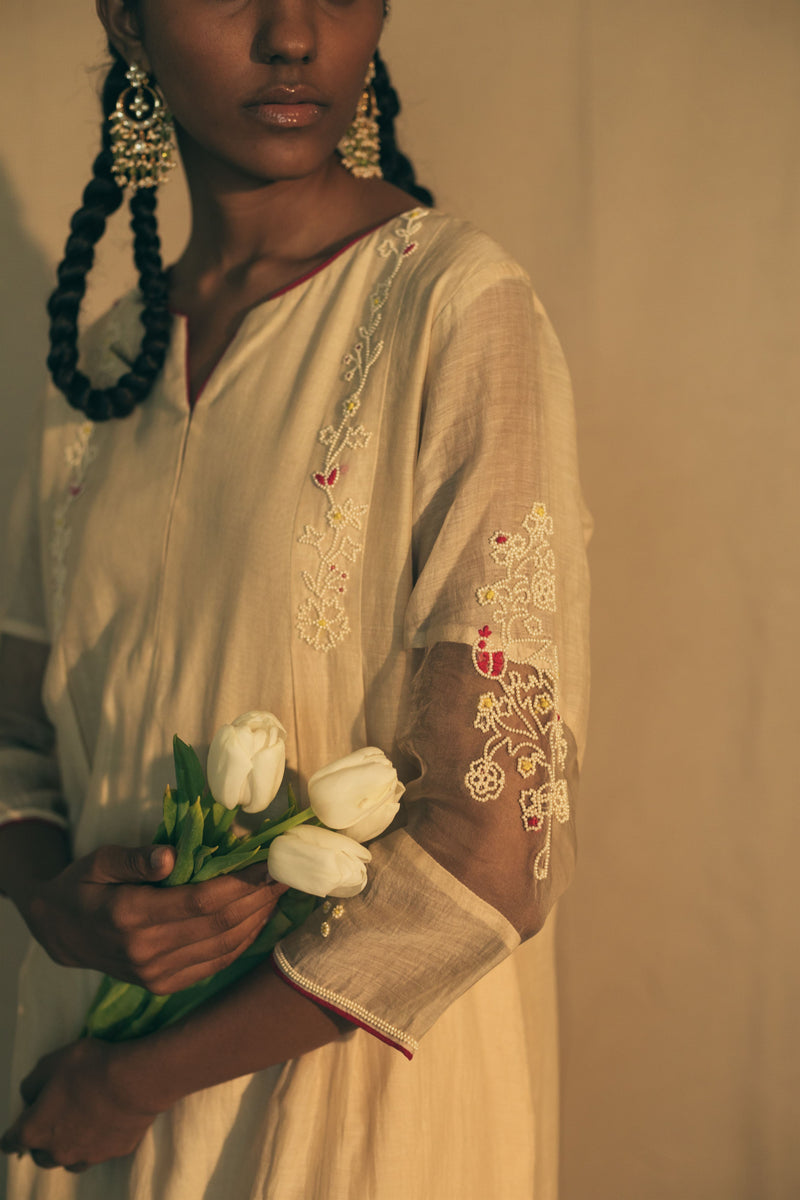 Sarang Kaur King West Pearls of White Kurta Pant Set Chanderi silk Ektaar SK01310 - Shop Cult Modern