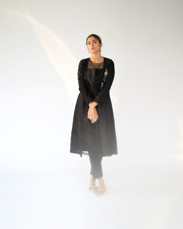 Shikha Mehta Simone Black Alvin Jacket Set Silk Chanderi Silk Organza Black Hana Ss21F-Aj - Shop Cult Modern