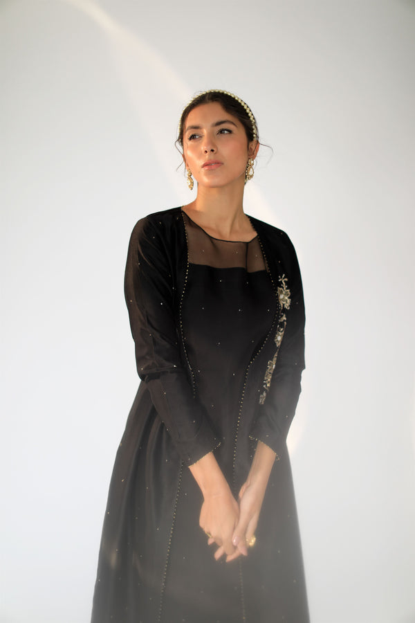 Shikha Mehta Simone Black Alvin Jacket Set Silk Chanderi Silk Organza Black Hana Ss21F-Aj - Shop Cult Modern