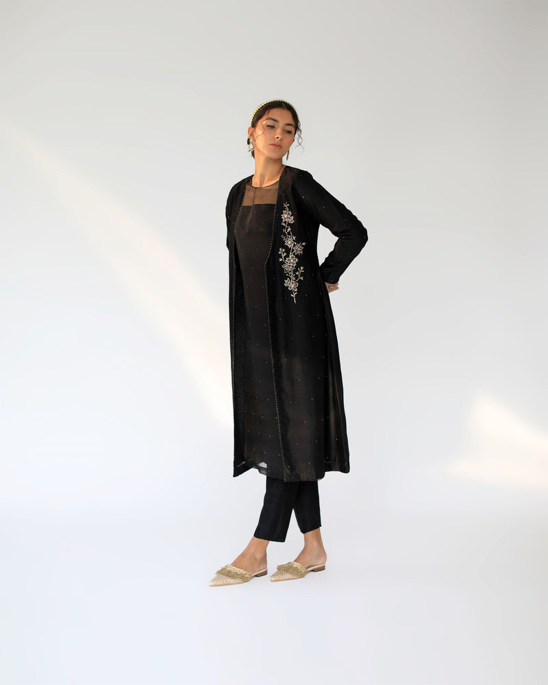 Shikha Mehta Simone Black Alvin Jacket Set Silk Chanderi Silk Organza Black Hana Ss21F-Aj - Shop Cult Modern