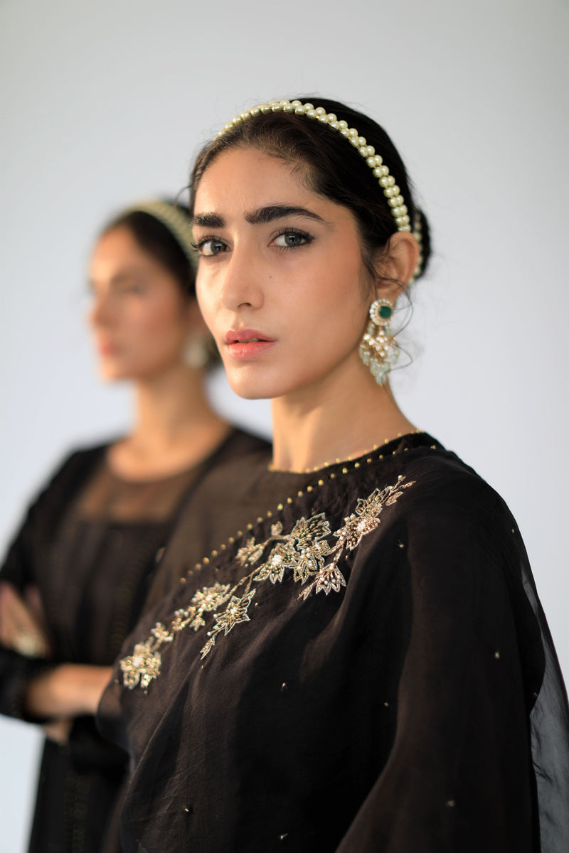 Shikha Mehta Emma Black Kora Saree Set Silk Organza Silk Chanderi Black Hana Ss21F-Cs - Shop Cult Modern