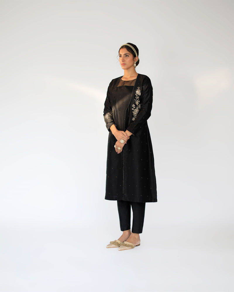 Shikha Mehta Simone Black Alvin Jacket Set Silk Chanderi Silk Organza Black Hana Ss21F-Aj - Shop Cult Modern