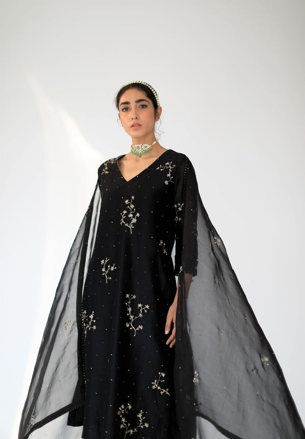 Shikha Mehta Rashmika Black Alma Kurta Set Silk Chanderi Silk Organza Black Hana Ss21F-Ba - Shop Cult Modern