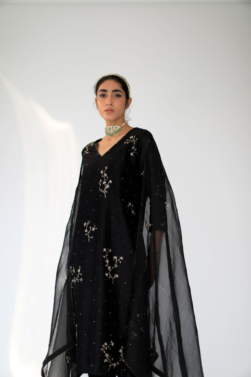 Shikha Mehta Rashmika Black Alma Kurta Set Silk Chanderi Silk Organza Black Hana Ss21F-Ba - Shop Cult Modern