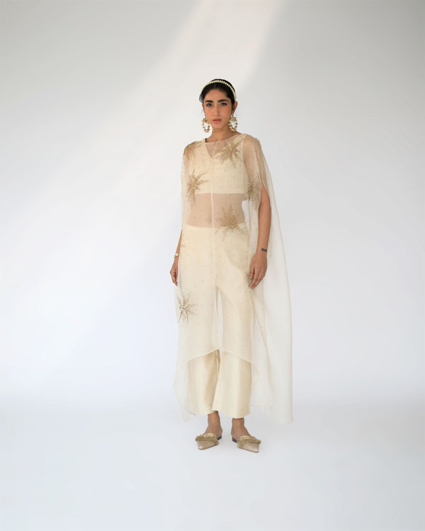 Shikha Mehta Chan Beige Zoe Organza Cape Set Silk Organza Silk Chanderi Beige Hana Ss21F-Bz - Shop Cult Modern