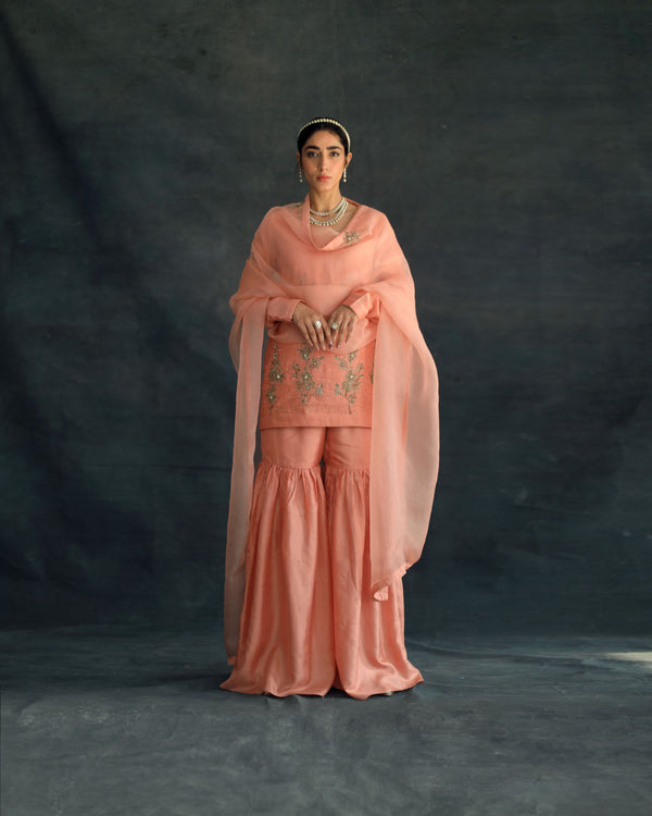 Shikha Mehta Ariana Salmon Amairah Sharara Set Silk Chanderi Silk Organza Pink Hana Ss21F-As - Shop Cult Modern