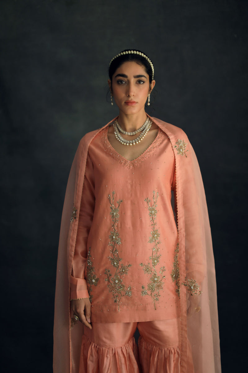 Shikha Mehta Ariana Salmon Amairah Sharara Set Silk Chanderi Silk Organza Pink Hana Ss21F-As - Shop Cult Modern