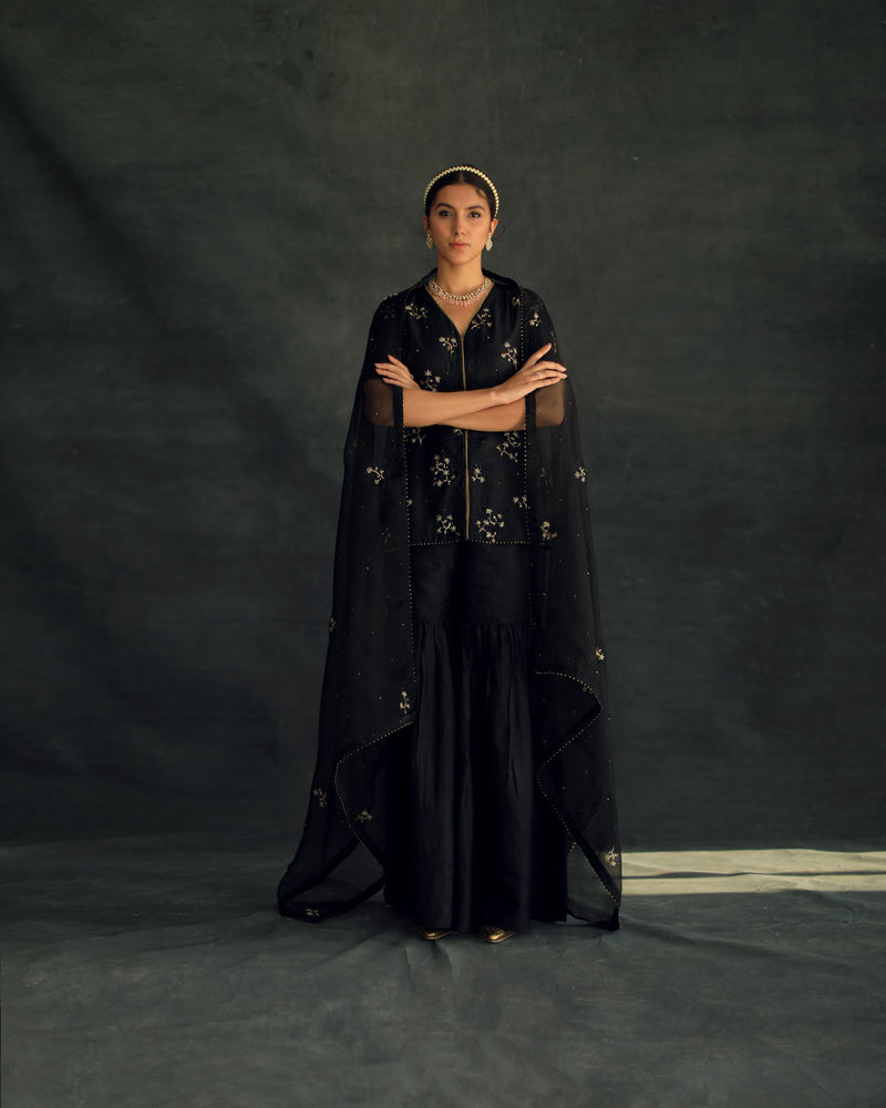 Shikha Mehta Samantha Black Veru Silk Sharara Set Silk Silk Organza Black Hana Ss21F-Vs - Shop Cult Modern