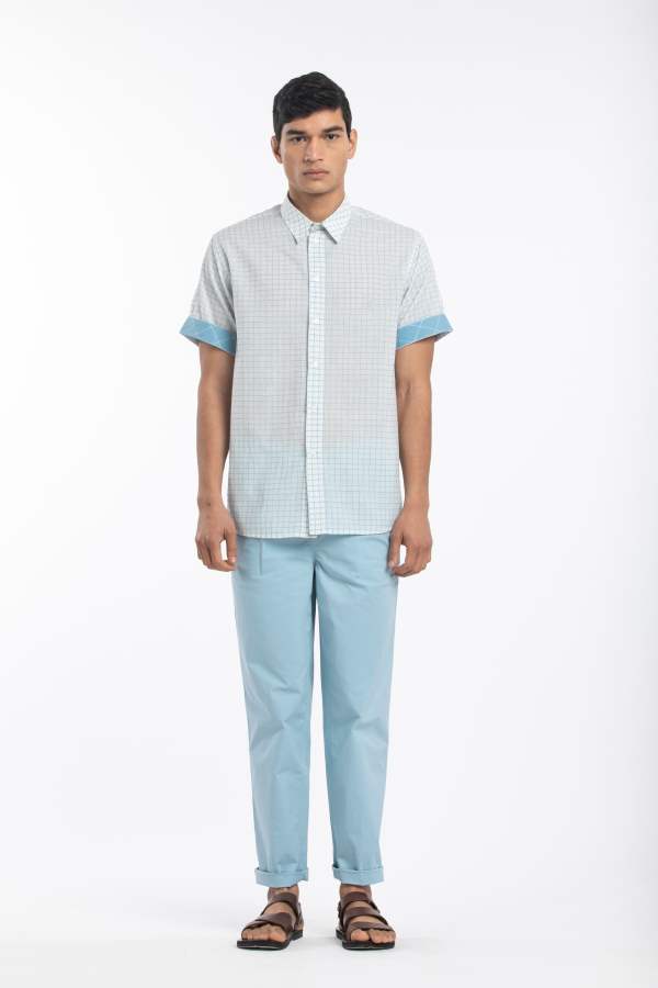Three  I  Half Sleeve Shirt Co-Ord Handwoven Cotton Small Check/ Stretch Poplin - Shop Cult Modern