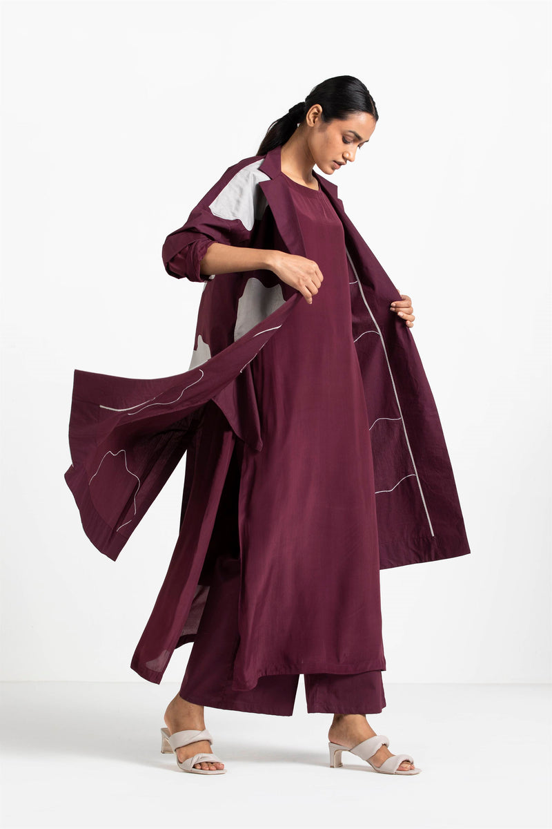 THREE   -   Appilque Back Yoke Jacket Co Ord (Set Of 3) Wine With - Shop Cult Modern