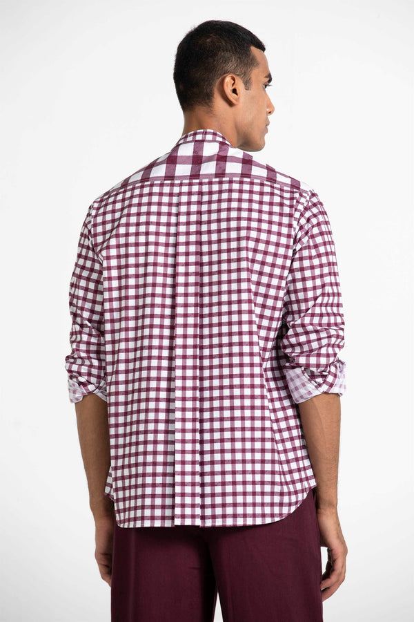 THREE   -   Band Collar Check Shirt - Shop Cult Modern