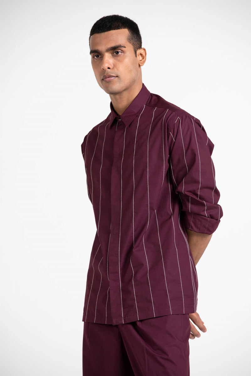 THREE   -   Linear Embroidered Shirt - Wine - Shop Cult Modern