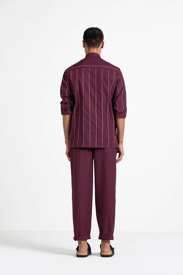 THREE   -   Linear Embroidered Shirt - Wine - Shop Cult Modern