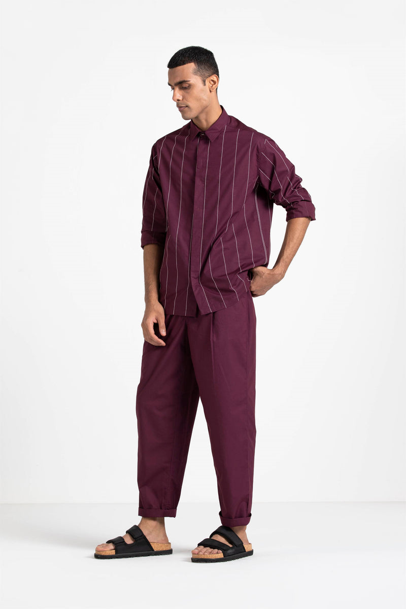 THREE   -   Linear Embroidered Shirt - Wine - Shop Cult Modern