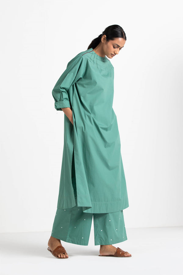 THREE   -   Pintuck Neck Tunic Co Ord (Set Of 2) Mineral Green - Shop Cult Modern