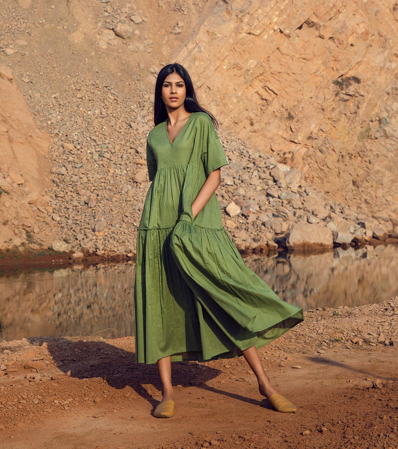 Khara Kapas   I   KharaKapas I V Neck Sap Green Half Sleeve Tiered Dress  I  32 Days Of Summer - Shop Cult Modern
