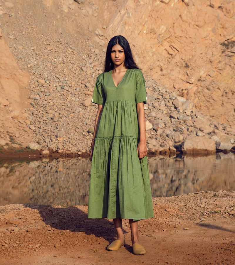 Shop Sap Green V Neck Dress by Khara Kapas | ShopCultModern Shop Sap Green V Neck Dress by Khara Kapas | ShopCultModern