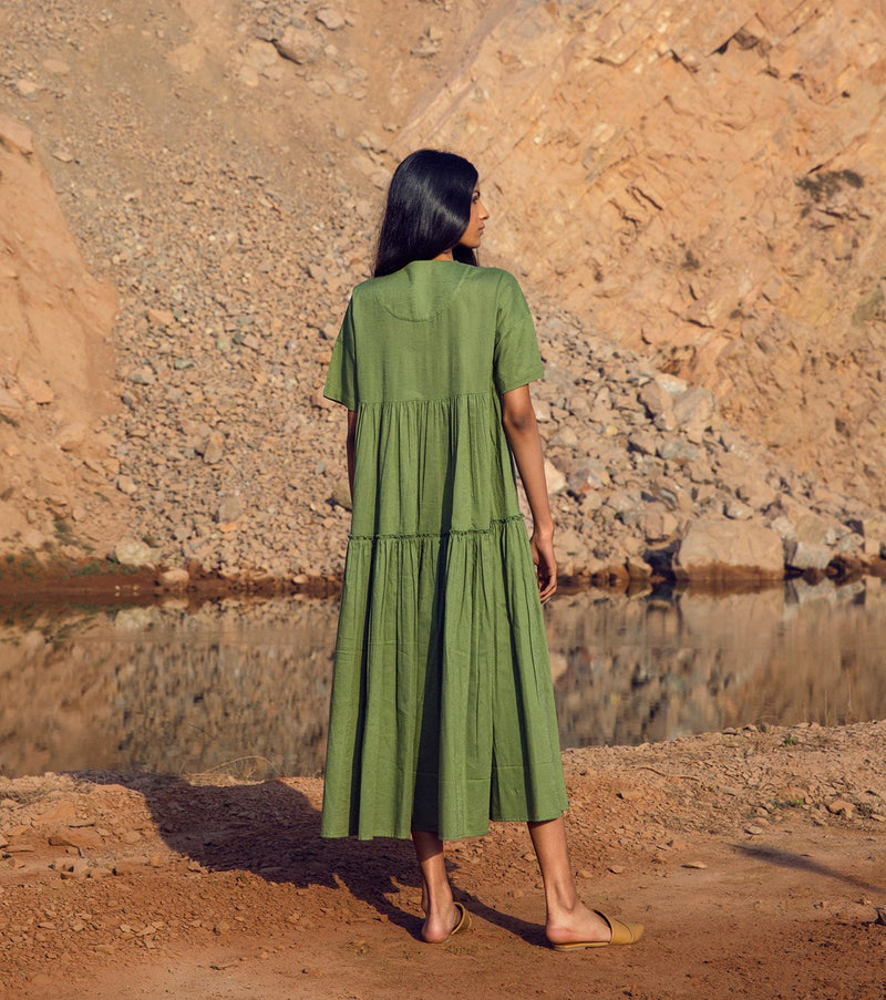 sap green dress Sap Green Cotton Poplin Embroidered Box Pleated Dress Design by Khara Kapas at Pernia's Pop Up Shop 2026