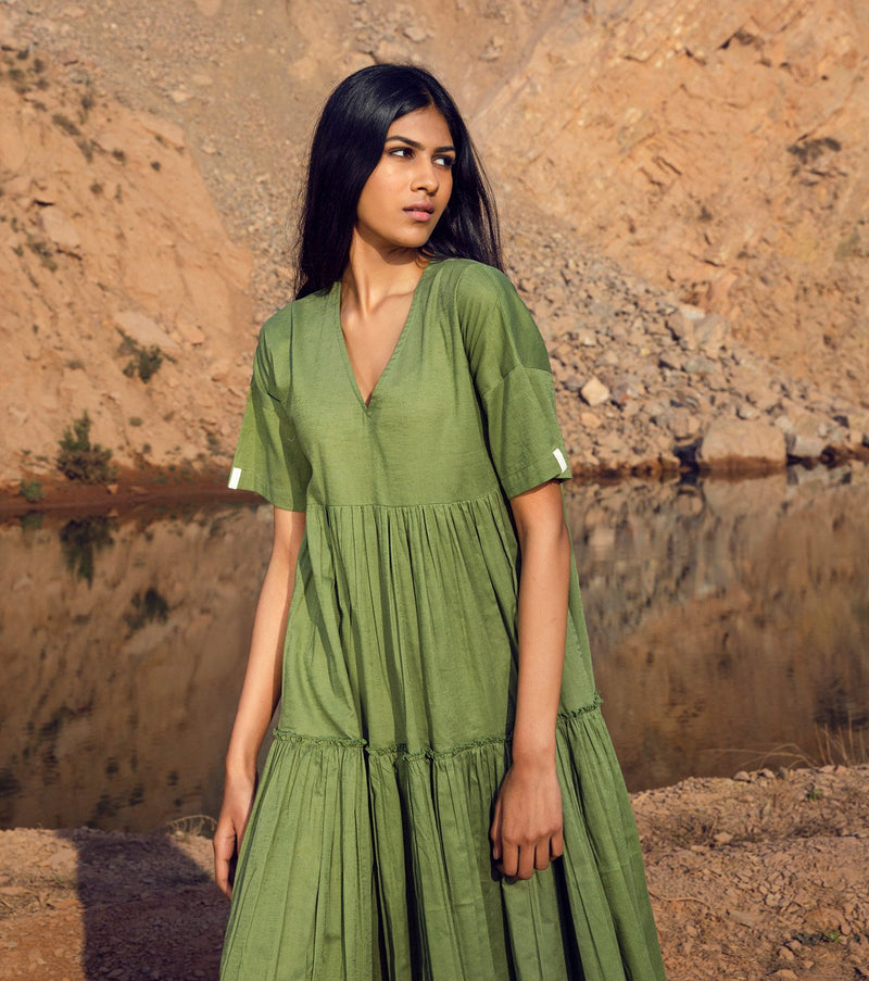Shop Sap Green V Neck Dress by Khara Kapas | ShopCultModern Shop Sap Green V Neck Dress by Khara Kapas | ShopCultModern