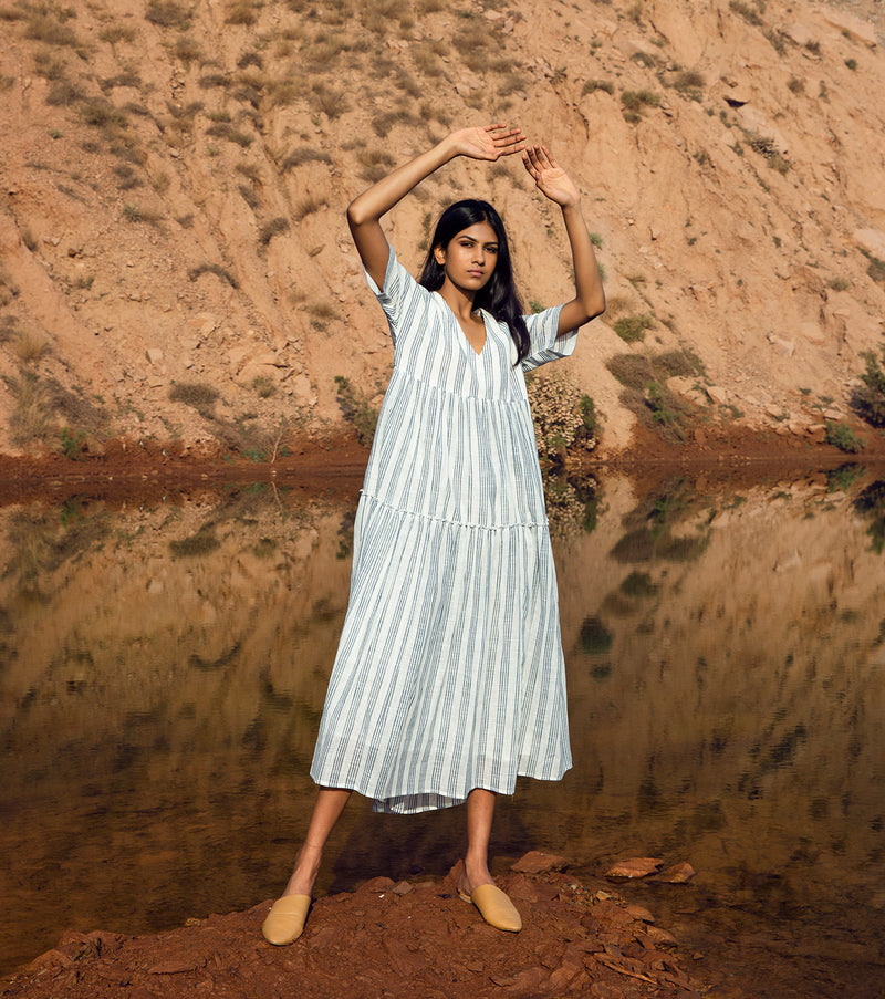 KharaKapas I V Neck Striped Half Sleep Tiered Dress I  32 Days Of Summer - Shop Cult Modern