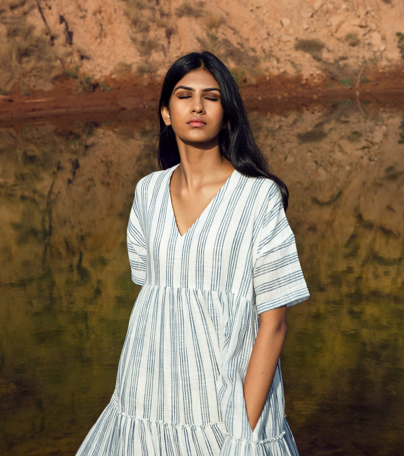 Khara Kapas   I   KharaKapas I V Neck Striped Half Sleep Tiered Dress I  32 Days Of Summer - Shop Cult Modern