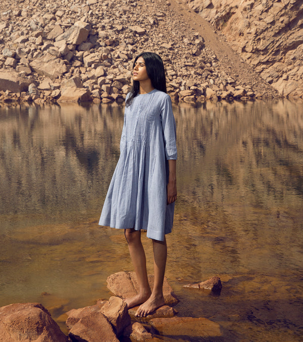 KharaKapas I Blue Checks Pin Tuck Detailing Dress  I 32 Days Of Summer - Shop Cult Modern