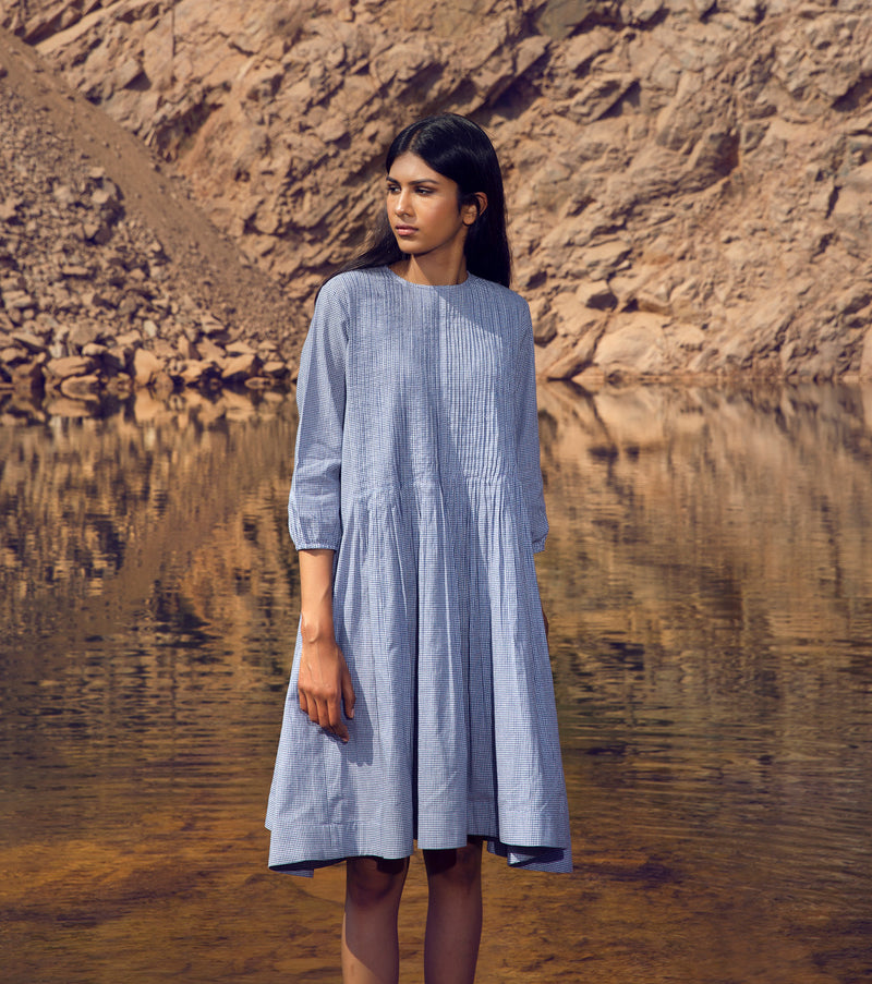 KharaKapas I Blue Checks Pin Tuck Detailing Dress  I 32 Days Of Summer - Shop Cult Modern