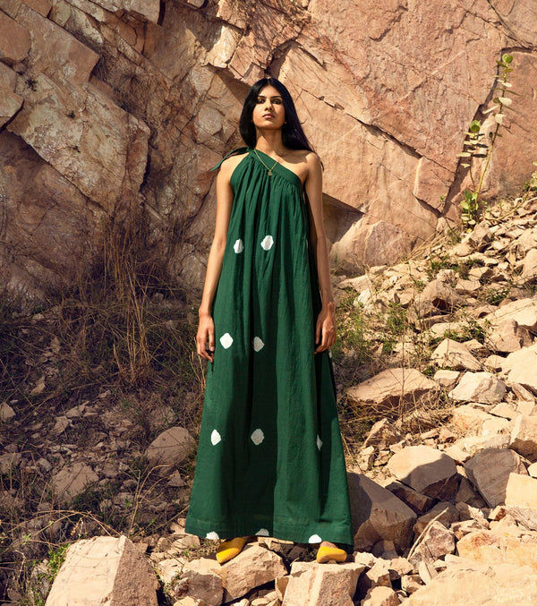 Khara Kapas   I   KharaKapas I One Shoulder Tie Up Deep Green Dress  I  32 Days Of Summer - Shop Cult Modern